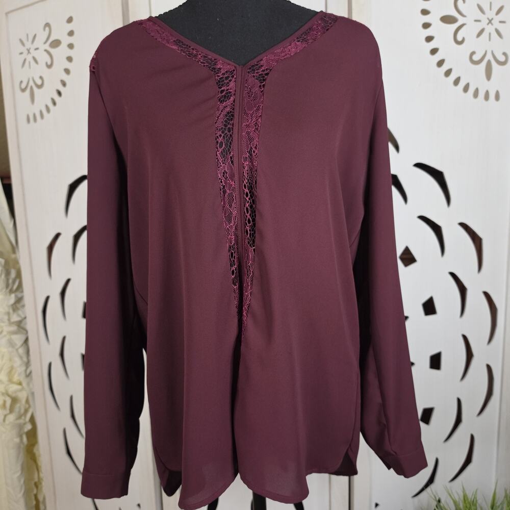 Women's Pleione Burgundy Lace Romantic Sheer Button Cuff Blouse Size S/P